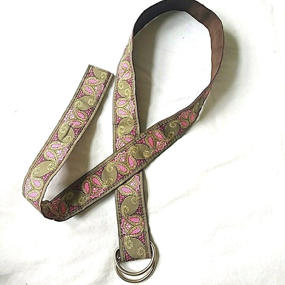 Fabric Paisley Print 1.5" Fuscia & Gold Pattern Embroidered Adjustable Belt 40" - Picture 1 of 6